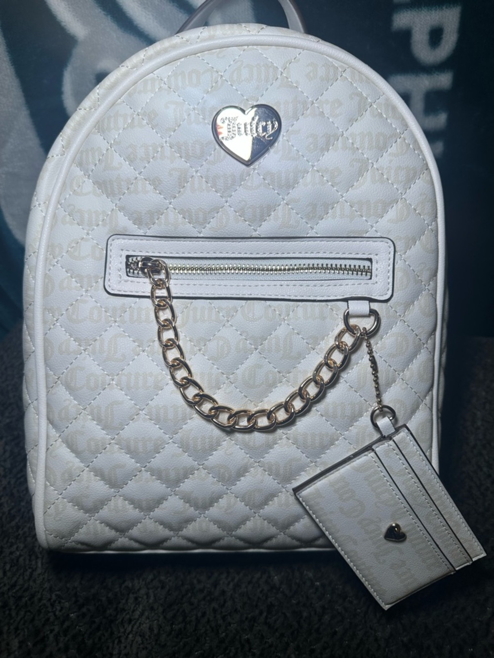 Juicy Couture White Quilted Mini Backpack with Gold Chain Accent